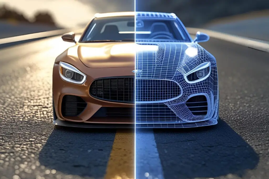 A car shown half as a photo and half as a 3D wireframe