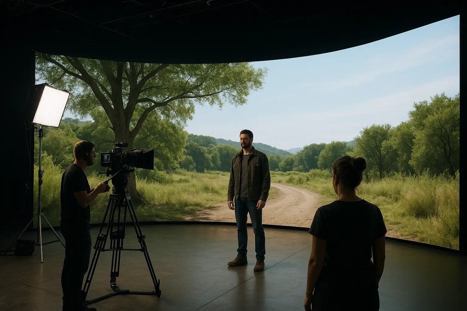 A film crew in a studio in front of an LED wall showing a forest path