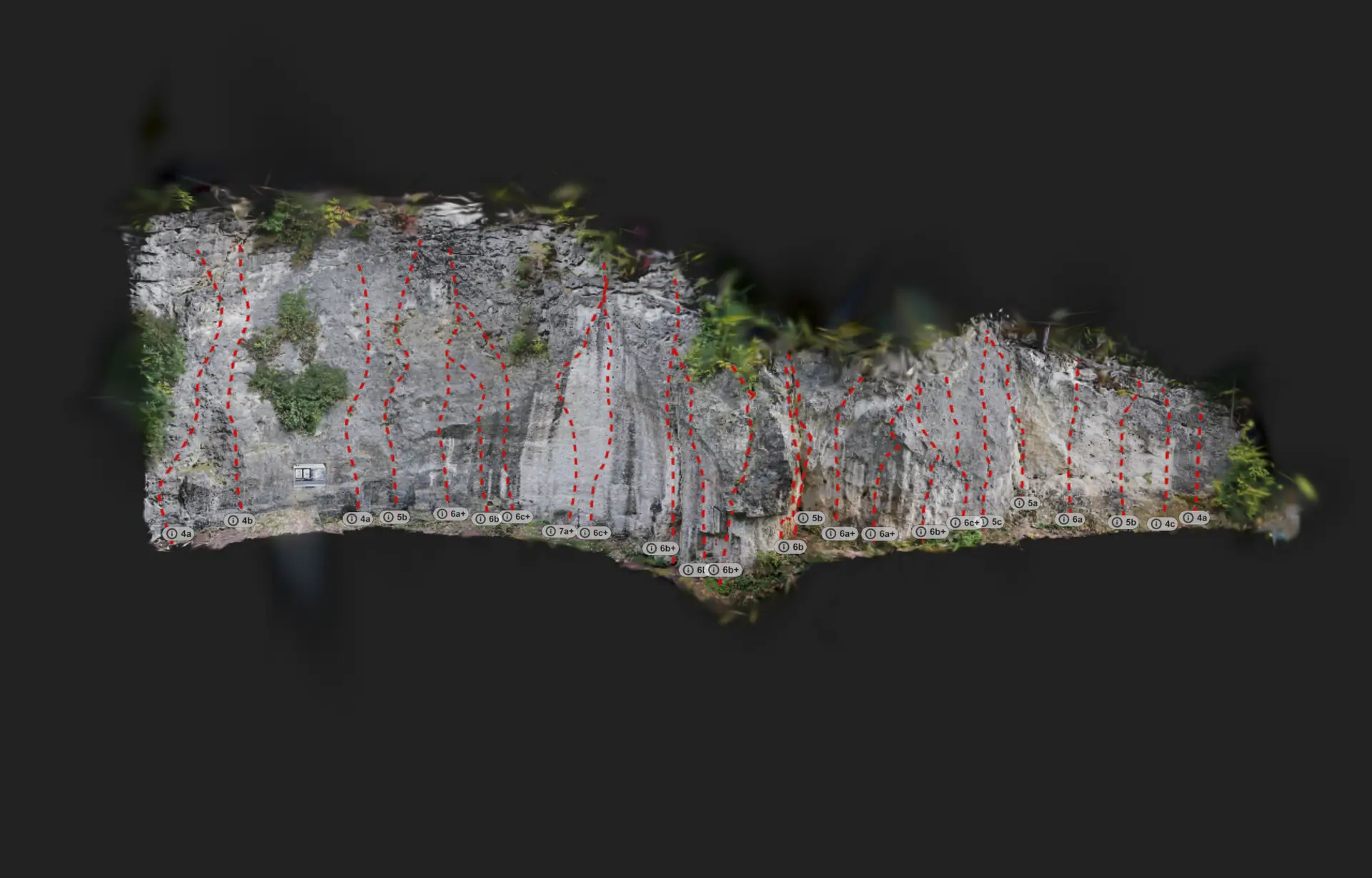 3D model of the Pruh climbing wall with routes drawn on it