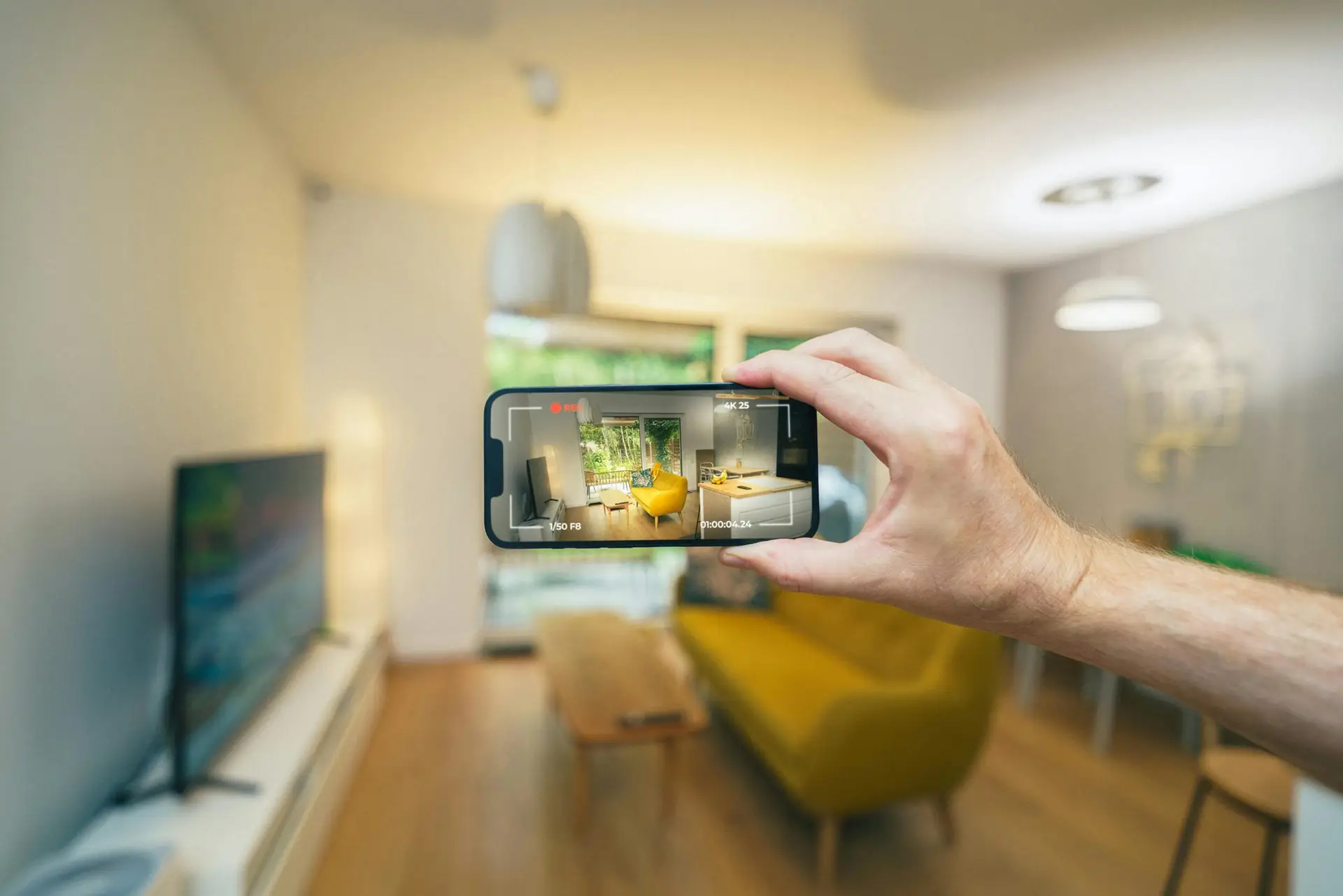 A hand holding a phone showing a virtual tour of a living room